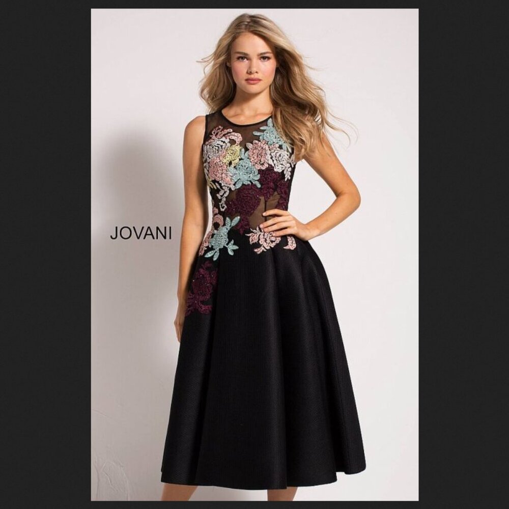Jovani 23695 Floral Appliques Short Dress Black/ Multi